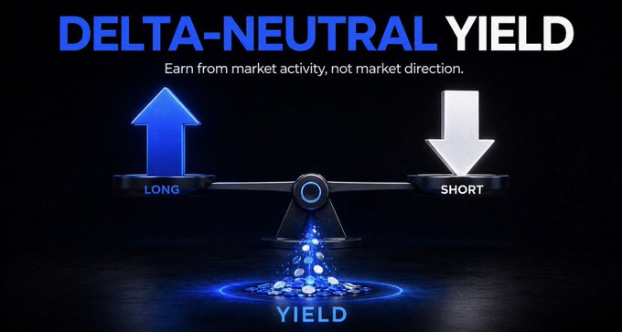 A financial graphic titled 'DELTA-NEUTRAL YIELD' with the tagline 'Earn from market activity, not market direction,' showing a balance scale between a blue 'LONG' up arrow and a silver 'SHORT' down arrow, with blue glowing droplets labeled 'YIELD' at the bottom.