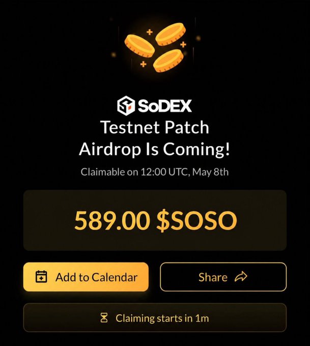 The image shows a SoDEX Testnet Patch Airdrop announcement indicating 589.00 $SOSO tokens will be claimable at 12:00 UTC on May 8th, with a countdown showing "Claiming starts in 1m," directly tying into the post's question about when the Season 1 airdrop claim will actually go live after the snapshot and maintenance.