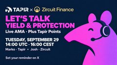 A promotional graphic from Tapir × Zircuit Finance announces an X Space AMA titled "Yield & Protection," scheduled for Tuesday, September 29 at 14:00 UTC, featuring speakers Marko from Tapir and Josh from Zircuit. The design features a pink mouse character wearing headphones against a dark background, with a call to set reminders on X.