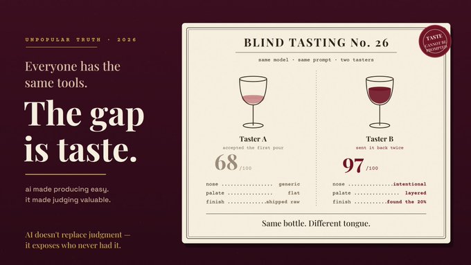 A dark burgundy editorial graphic titled "UNPOPULAR TRUTH · 2026" features a "BLIND TASTING No. 26" card comparing two AI outputs—Taster A scored 68/100 ("generic, flat, whipped raw") while Taster B scored 97/100 ("intentional, layered, found the 20%")—illustrating the post's message that since everyone now has the same AI tools, the real differentiator is taste and knowing when output is nearly there versus truly complete.