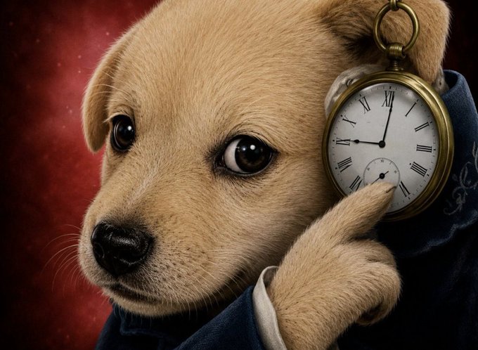 A digitally rendered puppy dressed in formal attire holding a vintage pocket watch against a dark red starry background.