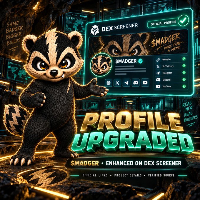 A promotional image featuring a cartoon badger mascot next to a digital screen displaying a '$MADGER' Dex Screener profile. Text reads 'PROFILE UPGRADED', 'SAME BADGER BIGGER BUILDS', and 'REAL INFO REAL BUILDERS', highlighting social media verification.