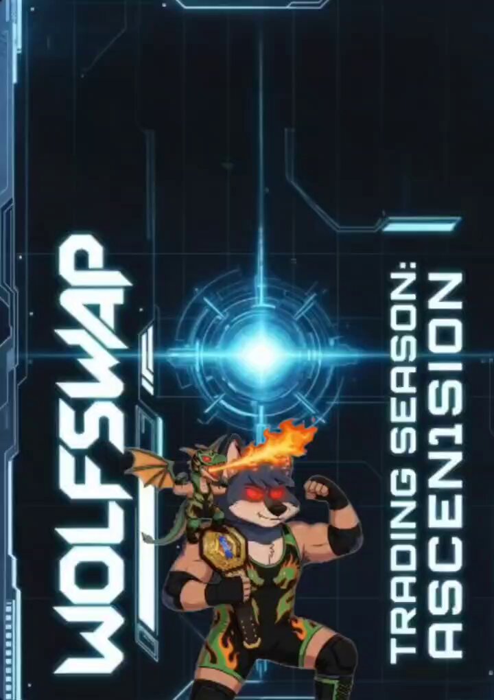 In the image, there's a man dressed in a wrestling outfit holding a flaming spear with his arms crossed over his chest, standing in front of a neon blue background that says "Wolfswap Trading Season 20: ASCENSION". The scene appears to be related to the Wolfswap app, as indicated by an overlay text on the image. This man seems to be the main character or figure featured within the gaming application. As he is dressed like a wrestler and holding the flaming spear, it implies that the game could involve elements of both wrestling and trading activities, where players can engage in various combat encounters while also conducting business deals using the currency from the game.