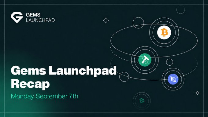 A dark-themed promotional graphic for 'Gems Launchpad Recap' dated 'Monday, September 7th', featuring icons of Bitcoin, green pickaxe, and blue water drops in orbital lines.