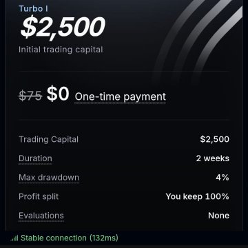 A pricing screen for 'Turbo I' showing $2,500 initial trading capital for a $0 one-time payment, with 2 weeks duration, 4% max drawdown, 100% profit split, and 'Stable connection (132ms)' noted at the bottom.