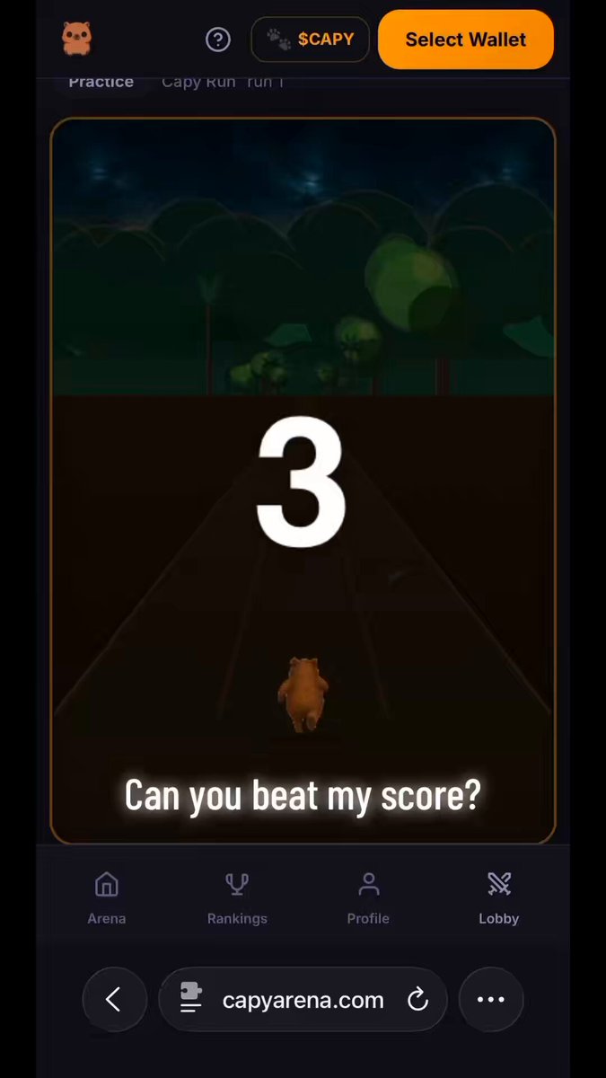 The image shows a cell phone screen displaying a game called Capy Run with a score of 0.2 and a prize pool of 0.21 sols. The game is set for midnight UTC, and the highest scores by that time will be rewarded with a share of the prize pool. The post also mentions that the highest scores are those entered at 5:00 am.
