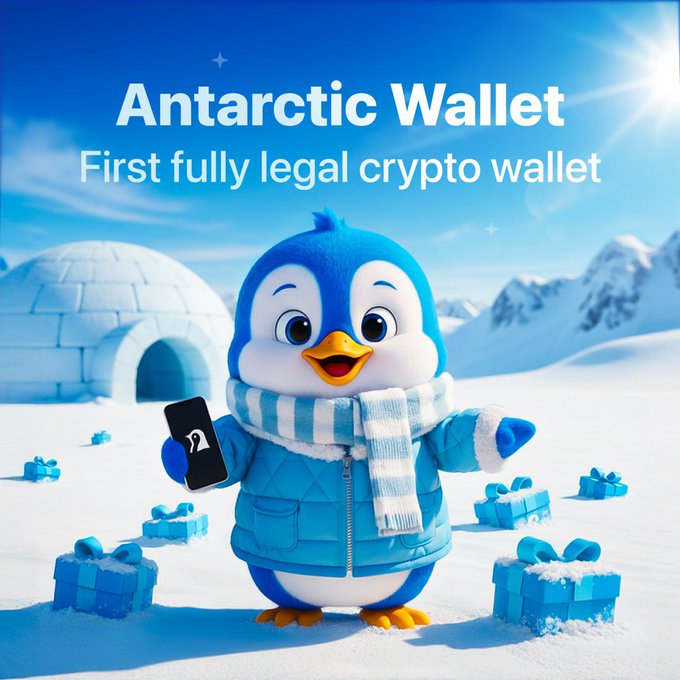 A 3D-rendered promotional image for 'Antarctic Wallet,' described as the 'First fully legal crypto wallet,' featuring a cute cartoon penguin in a blue winter coat and striped scarf holding a smartphone in an icy setting with an igloo and gift boxes.