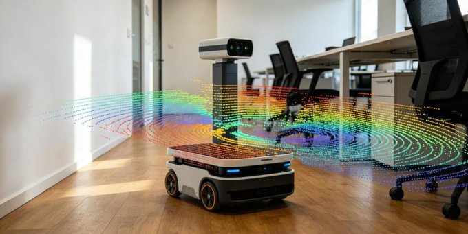 A small autonomous mobile robot with cameras and sensors sits on a wooden office floor, with colorful LiDAR point cloud data visualizing its surroundings as it navigates near desks and office chairs.