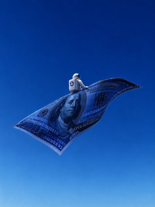 An astronaut rides a giant $100 bill soaring through a blue sky, symbolizing how money is defying gravity and moving in new, untethered ways across the financial landscape.
