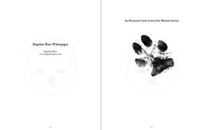 Two pages from a 'Dogelon Mars Whitepaper' are shown, with the left page featuring a faint Doge logo watermark and 'Dogelon Mars www.dogelonmars.com', and the right page titled 'An Electronic Cash System For Martian Society' showing a dark paw print.