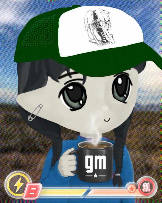 A cartoon character with large expressive eyes and braided hair wears a green and white trucker hat while sipping coffee from a black mug labeled "gm," visually matching the post's cheerful "good morning" greeting to the Crypto Twitter community for a happy Friday with the ticker $CULT.