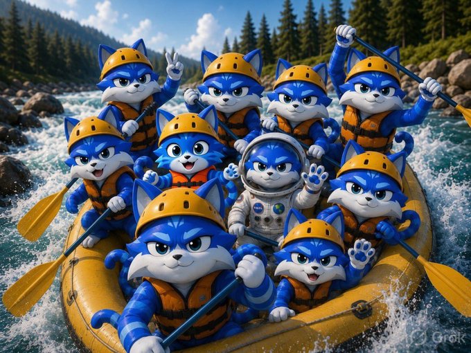 A 3D cartoon illustration of a group of blue cats wearing orange helmets and life vests white-water rafting in a yellow raft, with one cat dressed as an astronaut, set against a forested mountain river.