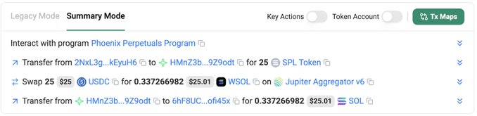 A blockchain transaction summary in 'Summary Mode' for the Phoenix Perpetuals Program shows token transfers and swaps involving USDC, WSOL, and SPL tokens between addresses.