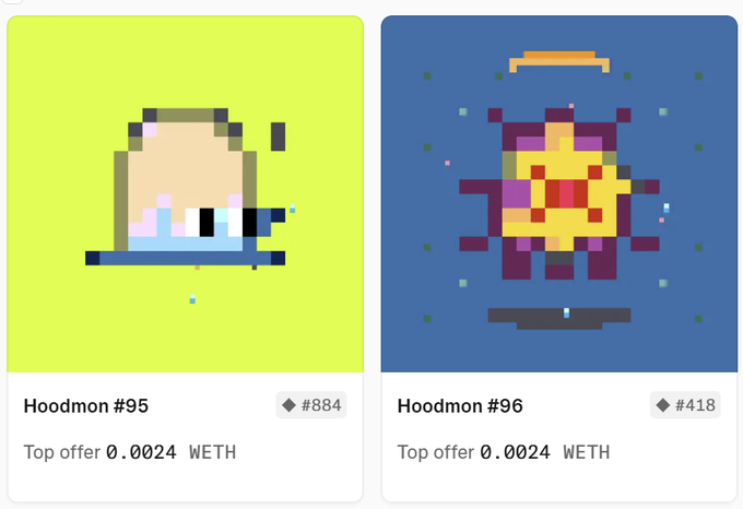 Two NFT listings displayed side-by-side on a marketplace: 'Hoodmon #95' priced at 0.0024 WETH featuring a hooded figure, and 'Hoodmon #96' also at 0.0024 WETH depicting a pixelated bee-like character.