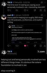 A screenshot of social media posts from Tim G (BnBG-OG) discussing concerns about personal involvement and relationships affecting Solana memecoin performance.