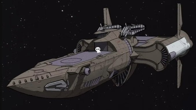 Digital illustration of a brown sci-fi spaceship floating in starry space, featuring a small skull sticker and blue accent panels on its hull.