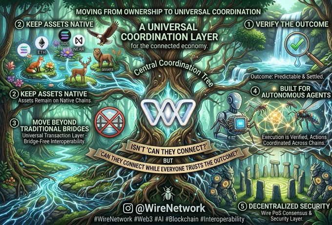 A detailed infographic titled 'A UNIVERSAL COORDINATION LAYER for the connected economy' promotes WireNetwork (@WireNetwork), featuring sections on keeping assets native, moving beyond traditional bridges, and decentralized security, with hashtags #WireNetwork #Web3 #AI #Blockchain #Interoperability.