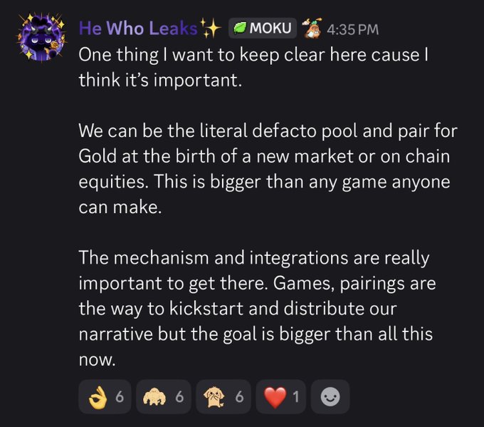 A Discord message from "He Who Leaks✨" at 4:35 PM discusses becoming the defacto pool and pair for Gold on new or onchain markets, emphasizing that while games and pairings help kickstart their narrative, the goal extends beyond them—aligning with the post's framing of $Schiffy as an "ambitious long coin" and "Defacto Gold pair for onchain."