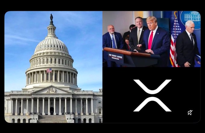 The image shows a split-screen featuring the U.S. Capitol building on the left and President Trump speaking at a White House podium on the right, alongside what appears to be the XRP cryptocurrency logo. It visually ties the breaking news about White House meetings on the Crypto CLARITY Act to the anticipated $30 trillion market impact, using XRP as a symbol of the crypto market poised for growth.
