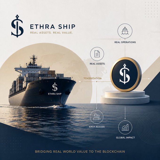 A promotional graphic for 'ETHRA SHIP' featuring a cargo ship at sea, with a tokenization diagram showing 'REAL ASSETS', 'TOKENIZATION', 'REAL OPERATIONS', 'EASY ACCESS', and 'GLOBAL IMPACT'.