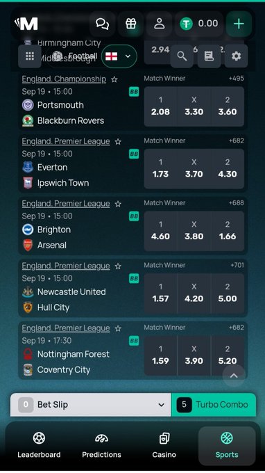 A mobile sports betting app interface showing English Premier League and Championship match odds for September 19, including Portsmouth vs Blackburn Rovers and Brighton vs Arsenal, with 'Bet Slip' and 'Turbo Combo' buttons at the bottom.
