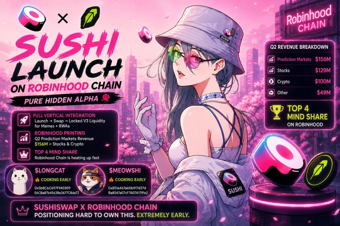 A promotional graphic for the "Sushi Launch on Robinhood Chain" featuring an anime-style character with the text "Pure Hidden Alpha," alongside Q2 revenue figures ($156M prediction markets, $129M stocks, $100M crypto) and Top 4 Mind Share recognition, directly visualizing the post's claims about Sushi's full vertical integration strategy and Robinhood's strong prediction markets performance.