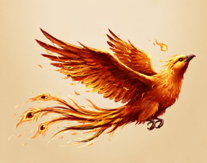 A digital illustration depicts a majestic phoenix in flight, with wings and tail feathers made of vibrant orange and yellow flames against a soft cream background.