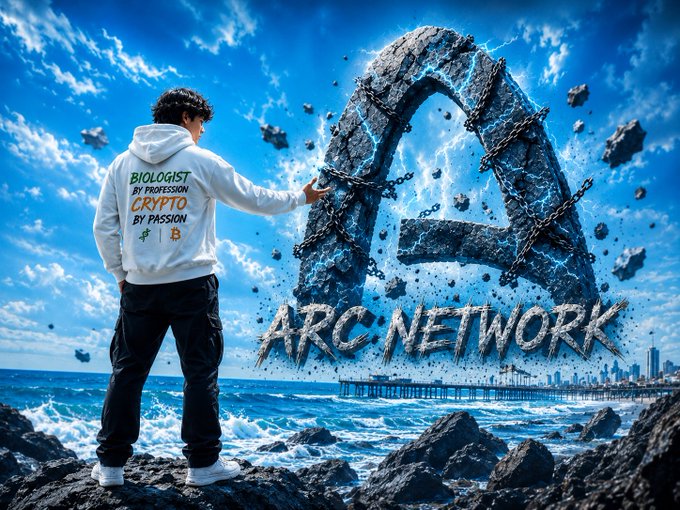 A person wearing a hoodie reading "Biologist by Profession, Crypto by Passion" reaches toward a massive chained "A" emblem emerging from the ocean, with "ARC·NETWORK" displayed below—visually symbolizing the ongoing effort to break through and build on the Arc Network as highlighted in the post about grinding contribution points and maintaining consistent on-chain participation.