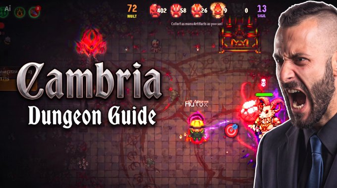 A thumbnail for a video titled 'Cambria Dungeon Guide' showing a screaming man next to gameplay footage from the video game Cult of the Lamb.