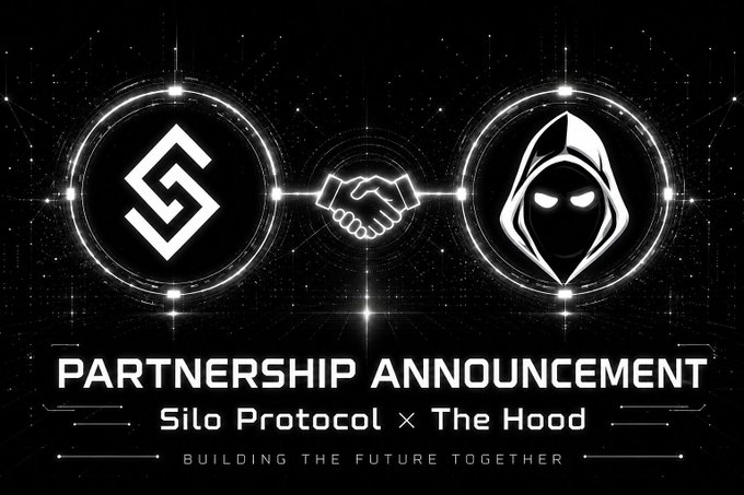 The image is a partnership announcement graphic featuring the Silo Protocol logo (left) and a hooded figure logo (right), with a handshake icon between them. The text reads "PARTNERSHIP ANNOUNCEMENT — Silo Protocol x The Hood — BUILDING THE FUTURE TOGETHER," visually representing the collaboration announced between Silo Protocol and the HOOD community.