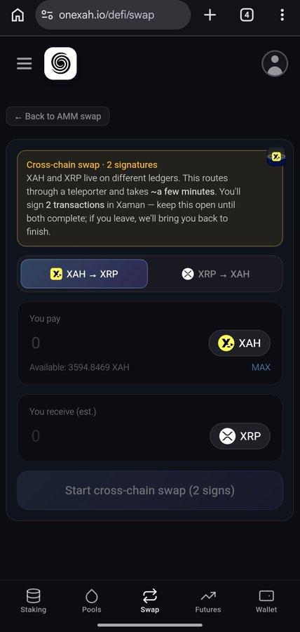 The image shows a cell phone screen with an app called "XRP" displayed, along with other options such as "Start cross chain swap (sign)". The background of the image is black, which contrasts with the white text on the screen. The main focus of the image is the app's interface and its various features.