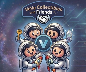 The image features a group of cartoon characters wearing space suits and holding rocket ships, with the text "Veve Collectibles & Friends" written above them. The characters are positioned in front of a starry background, suggesting that they might be on an intergalactic adventure or mission. The post encourages people to join the VeVe Collectibles community by connecting with fellow collectors through the Telegram channel and sharing their experiences and achievements related to space exploration and collecting unique items from different planets.