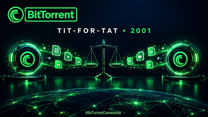 A BitTorrent promotional graphic with green neon styling, displaying 'TIT-FOR-TAT • 2001' alongside scales of justice and document icons, with '#BitTorrentCommunity' at the bottom.