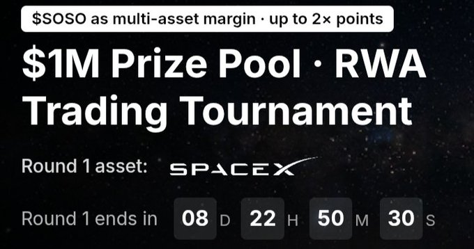 A promotional graphic for a '$1M Prize Pool · RWA Trading Tournament' featuring SpaceX as Round 1 asset, with a countdown timer showing 08 days, 22 hours, 50 minutes, 30 seconds remaining.