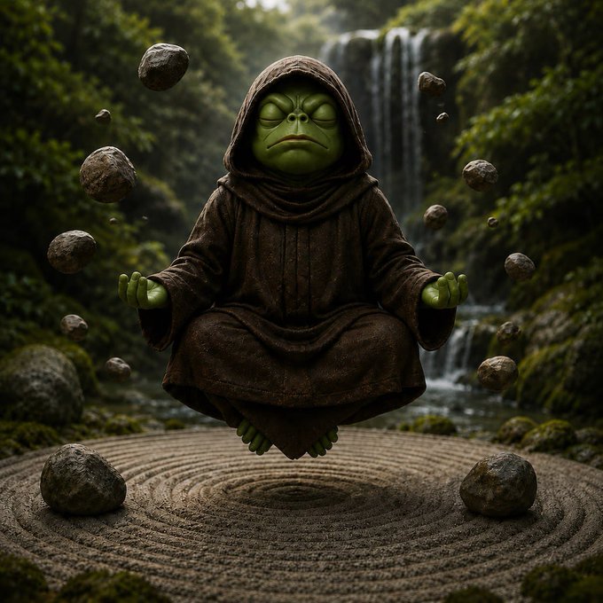 The image features a green frog statue sitting in a meditative pose, surrounded by rocks and trees. The frog appears to be in a state of tranquility or meditation, with its eyes closed as if in deep thought or relaxation. The scene is set against a backdrop of a waterfall, adding an element of natural beauty and serenity to the image. The post that accompanies this image reads "Finding balance," which seems to be a fitting description for the frog's pose, as it appears to be finding balance between its surroundings and itself in this peaceful setting.