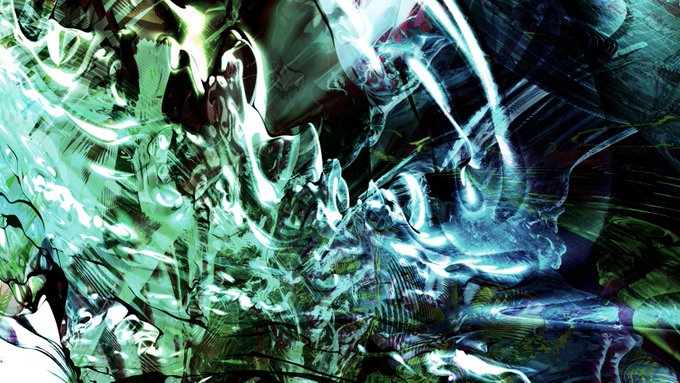 An abstract, distorted digital artwork featuring fragmented, melted imagery in shades of green, white, and black, resembling glitch art or a psychedelic visual effect.
