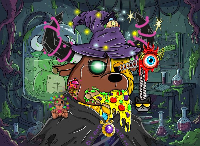 The image features a cartoon dog wearing a purple witch's hat, eating pizza with a green apple slice stuck to its face as if by magic. The dog's mouth has a piece of food floating above it and another piece just below it. In the background, there is a green monster that appears to be consuming two bottles of liquid, possibly beer. The image also includes an explanation about this unique comic character called the BullBearsX.