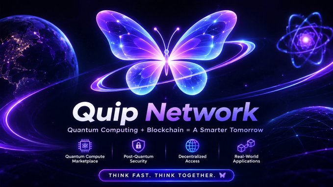 A digital advertisement for "Quip Network" featuring a glowing butterfly graphic with the tagline "Quantum Computing + Blockchain = A Smarter Tomorrow."