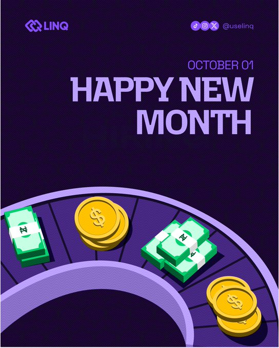 A promotional graphic from LINQ wishing a 'Happy New Month' for October 01, featuring illustrations of dollar bills and gold coins on a purple background.
