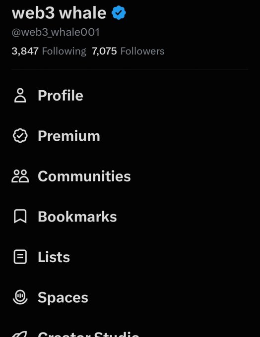 A screenshot of a Twitter/X profile sidebar for the account 'web3 whale' (@web3_whale001), showing 7,075 followers and menu options like Profile, Premium, Communities, and Bookmarks.