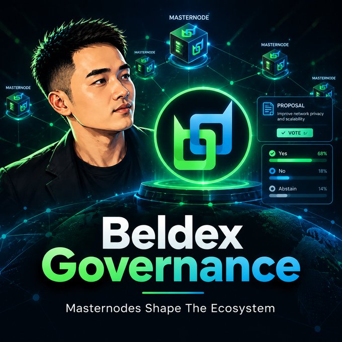 Promotional graphic for 'Beldex Governance' featuring a man, the Beldex logo, masternode network illustration, and a proposal vote showing 68% Yes, 18% No, and 14% Abstain.