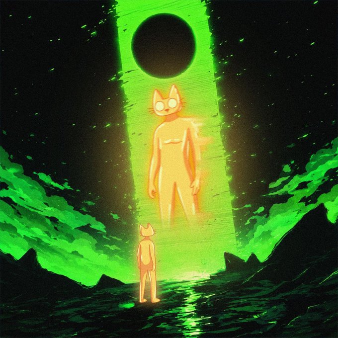 A smaller figure stands at the base of a beam of light, gazing up at a massive golden cat-eared humanoid towering beneath a black eclipse, set against a surreal green cosmic backdrop with dark mountain silhouettes—visually echoing the idea of belief manifesting something grand, fitting the post's message about $CETS standing up to those who believe in it.