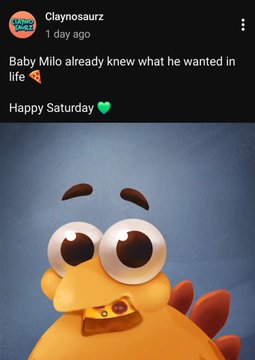 A YouTube comment from 'Claynosaurz' posted 1 day ago reads 'Baby Milo already knew what he wanted in life 🧀 Happy Saturday 💚' above an image of a yellow duck-like 3D character with large eyes.