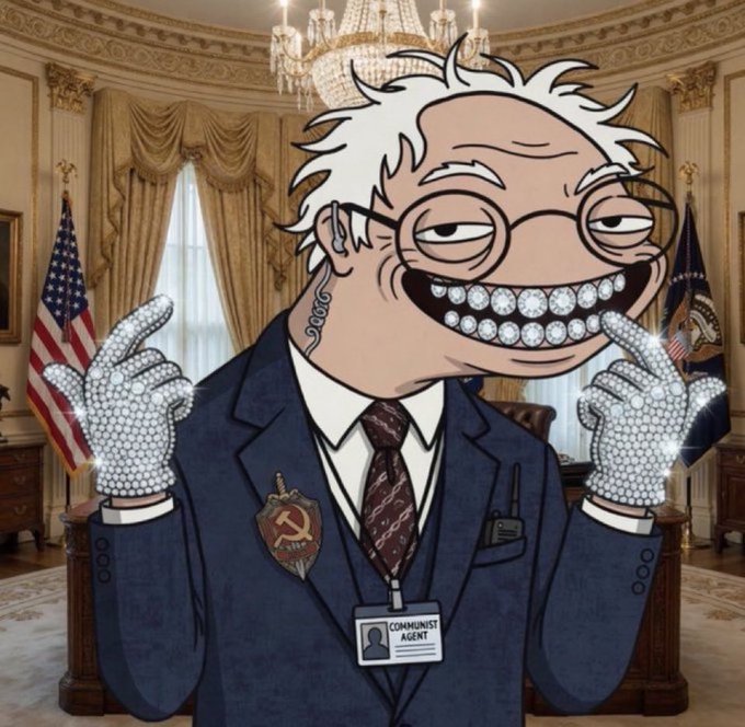 A political cartoon featuring a caricature of Bernie Sanders with diamond-covered hands and grillz, wearing a 'Communist Agent' badge and Soviet emblem in the Oval Office.