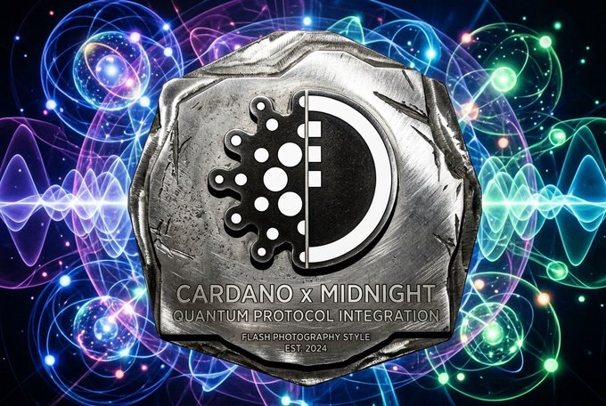 The image features a graphic with text elements that read "Cardano x Midnight Quantum Protocol Integration" against a blue sky background filled with colorful, scattered dots. The text indicates that Cardano and Midnight are focusing on developing and utilizing advanced security measures for cryptography in response to computing advancements. This highlights the importance of maintaining the integrity and privacy of information even as technology progresses.