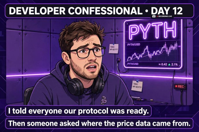 A cartoon-style meme captioned 'DEVELOPER CONFESSIONAL • DAY 12' showing a nervous man at a recording studio, with a screen displaying 'PYTH PYTH/USD' price data; the bottom text reads 'I told everyone our protocol was ready. Then someone asked where the price data came from.'
