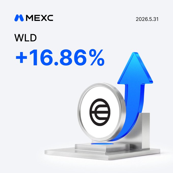 The image is a 3D rendering of an upward-pointing arrow with a blue background and silver trim. Below this, there is a text box that reads "Exchange Wld pumping +16.86% AI narrative back in play Trade now mexc.com/exchange/WLD". The main element of the image appears to be a circular object, possibly a medal or trophy, sitting on top of a white base with a silver border around it.