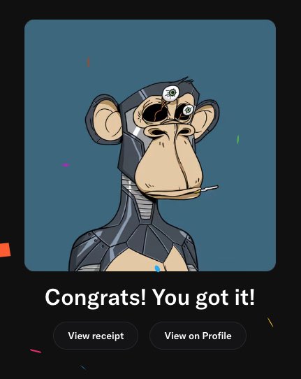 A digital interface showing the same cybernetic monkey illustration above the text 'Congrats! You got it!' with buttons for 'View receipt' and 'View on Profile' against a black background with confetti details.