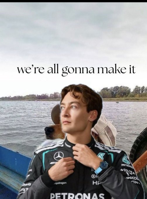 The image features a man in a Mercedes-AMG Petronas Formula 1 team jacket (visible "PETRONAS," Mercedes logo, and sponsor branding like Snapdragon, Akkodis) on a boat with a dog, set against a lakeside backdrop, with the text overlay "we're all gonna make it" — a motivational meme phrase often associated with hopeful investment sentiment, fittingly paired with the post's "Will moon hard soon" caption.