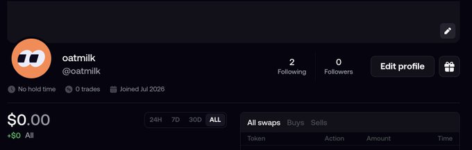 A Twitter profile screenshot for 'oatmilk' (@oatmilk) showing 2 Following, 0 Followers, 'No hold time', '0 trades', 'Joined Jul 2026', and a $0.00 balance.